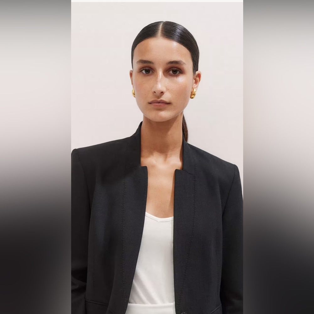 ME + EM WOMEN’s TEXTURED TAILORING COLLARLESS BLACK BLAZER CORPCORE QUIET LUXURY - Picture 6 of 16